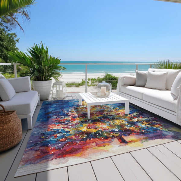 HomeRoots 8' X 10' Washable Abstract Area Rug in Navy, Gold, Red & Purple - Durable, Stylish for Indoor/Outdoor Use 621223