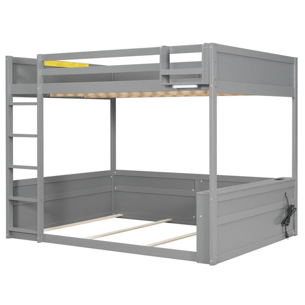 English Elm Queen Size Wooden Bunk Bed With Smart Storage, Led Light, Usb Charging & Modern Grey Finish N7090005006E-GIGA