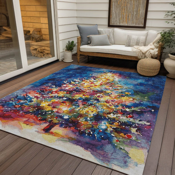 HomeRoots 9' X 12' Abstract Indoor Outdoor Area Rug in Navy Blue with Gold, Red, & Purple - Washable & Durable 621224