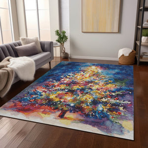 HomeRoots 9' X 12' Abstract Indoor Outdoor Area Rug in Navy Blue with Gold, Red, & Purple - Washable & Durable 621224