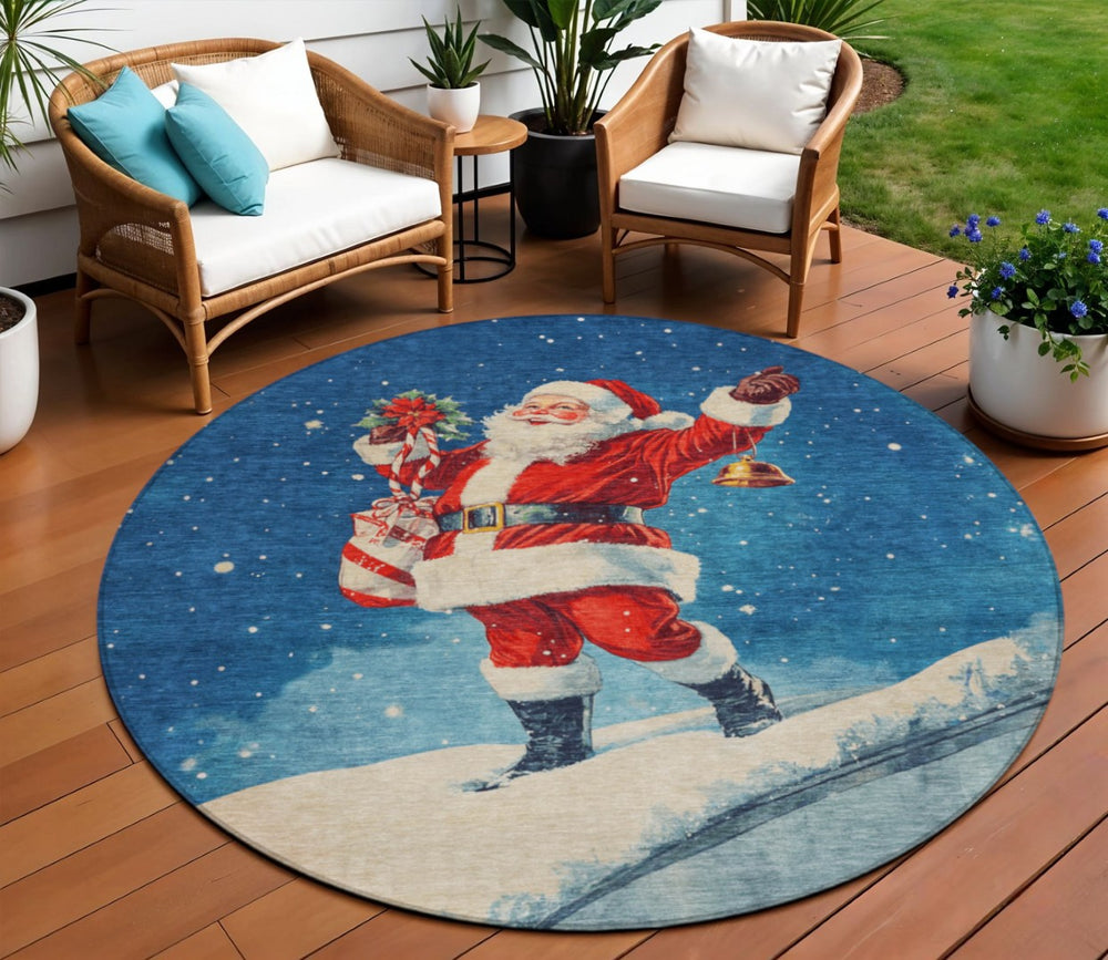 HomeRoots 8' Santa Claus Round Area Rug - Durable, Washable, Festive Design for Indoor & Outdoor Spaces 621228