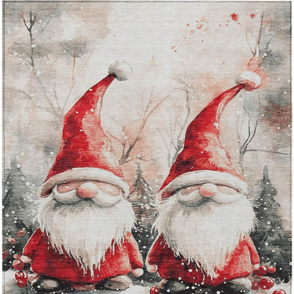 HomeRoots 5' X 8' Ivory Red and Gray Gnome Rug - Washable, Stain-Resistant for Indoor & Outdoor Charm! 621233