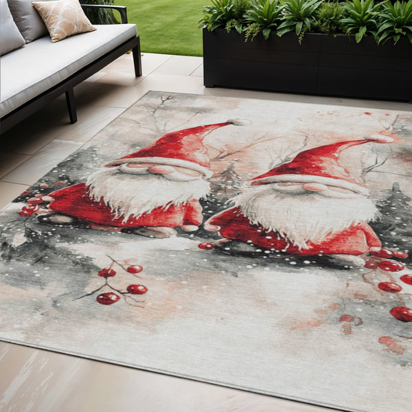 HomeRoots 5' X 8' Ivory Red and Gray Gnome Rug - Washable, Stain-Resistant for Indoor & Outdoor Charm! 621233