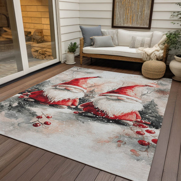 HomeRoots 5' X 8' Ivory Red and Gray Gnome Rug - Washable, Stain-Resistant for Indoor & Outdoor Charm! 621233