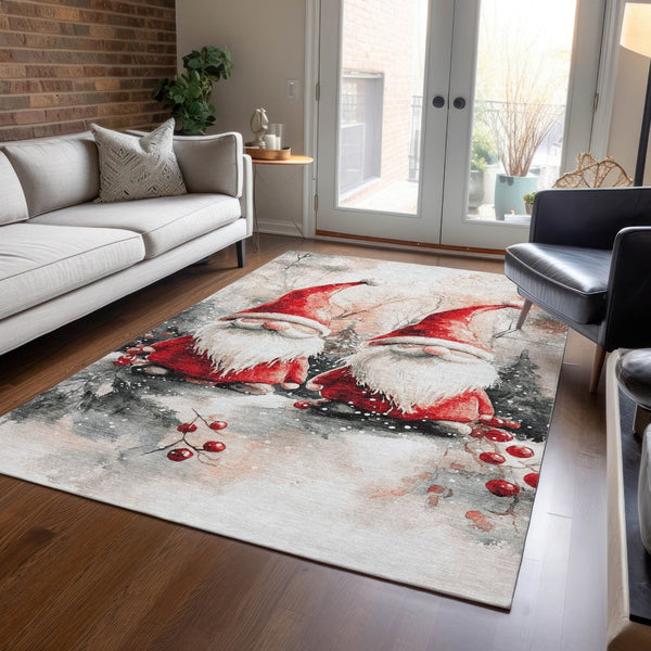 HomeRoots 5' X 8' Ivory Red and Gray Gnome Rug - Washable, Stain-Resistant for Indoor & Outdoor Charm! 621233
