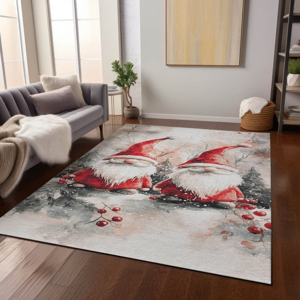 HomeRoots 5' X 8' Ivory Red and Gray Gnome Rug - Washable, Stain-Resistant for Indoor & Outdoor Charm! 621233