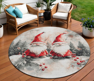 HomeRoots 8' Ivory Red and Gray Round Gnome Rug – Stylish, Washable, Durable for Indoor & Outdoor Spaces! 621234