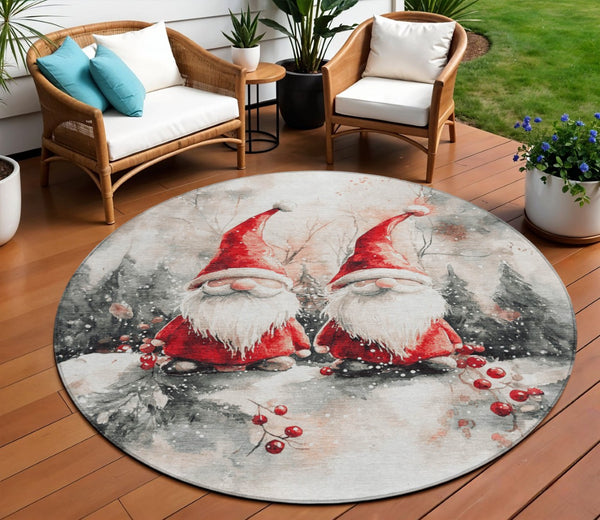 HomeRoots 8' Ivory Red and Gray Round Gnome Rug – Stylish, Washable, Durable for Indoor & Outdoor Spaces! 621234