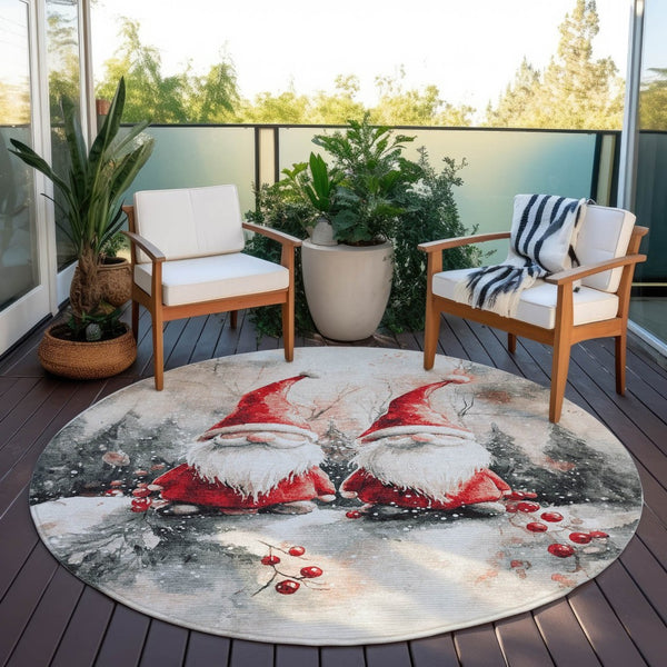 HomeRoots 8' Ivory Red and Gray Round Gnome Rug – Stylish, Washable, Durable for Indoor & Outdoor Spaces! 621234