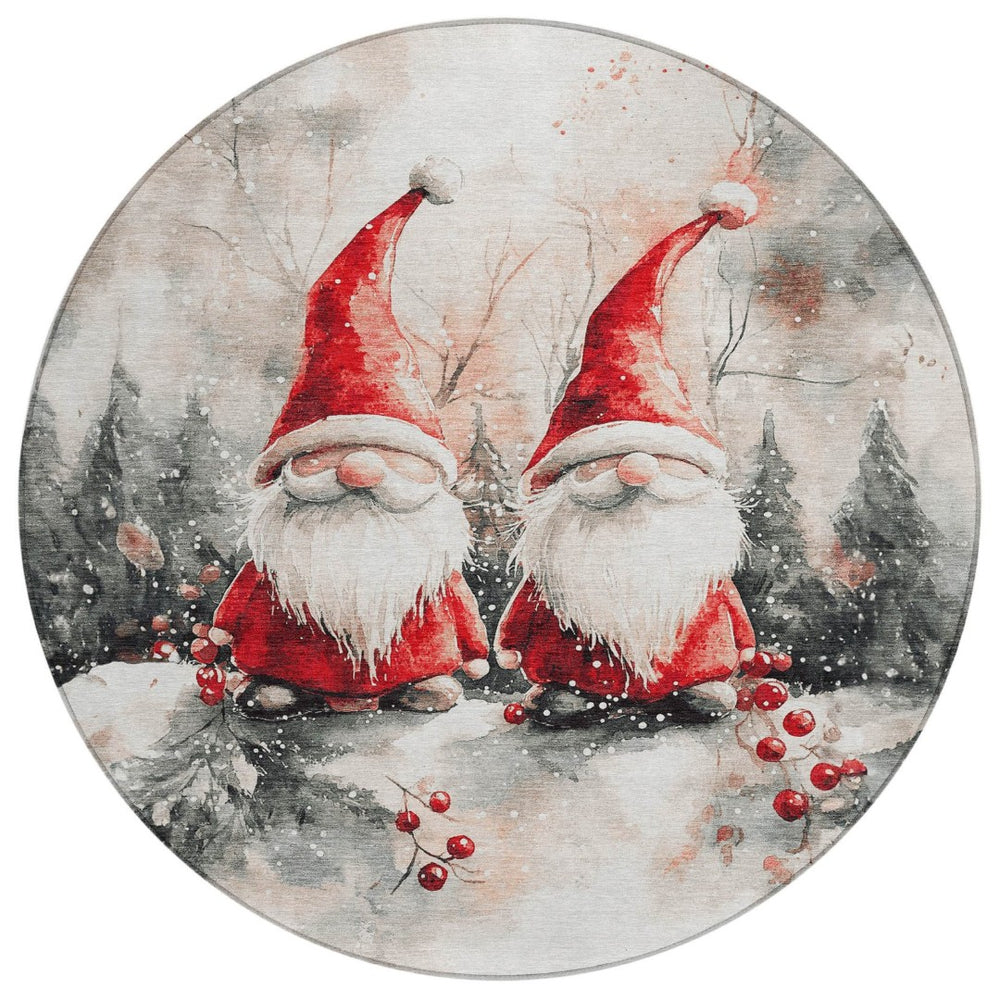 HomeRoots 8' Ivory Red and Gray Round Gnome Rug – Stylish, Washable, Durable for Indoor & Outdoor Spaces! 621234