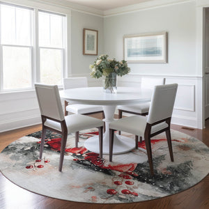 HomeRoots 8' Ivory Red and Gray Round Gnome Rug – Stylish, Washable, Durable for Indoor & Outdoor Spaces! 621234