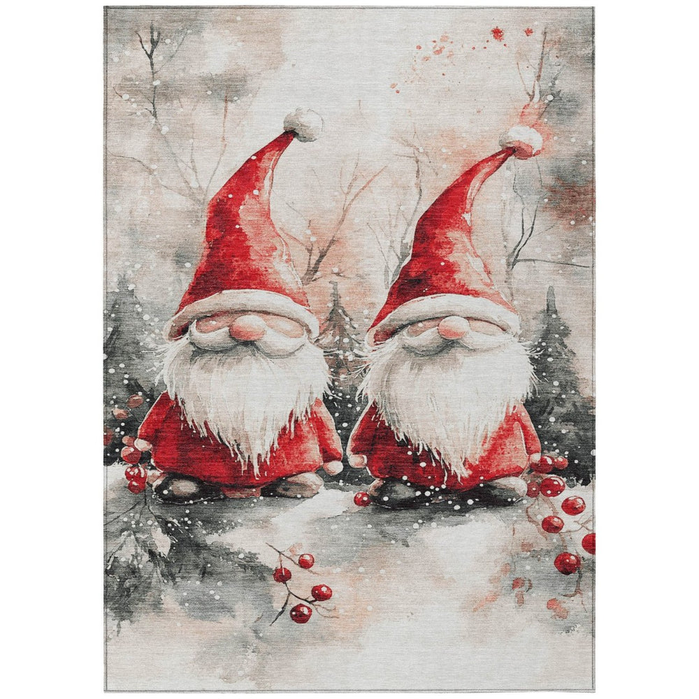 HomeRoots 10' Gnome Area Rug - Whimsical Ivory, Red & Gray Design, Machine Washable for Indoor & Outdoor Use 621237