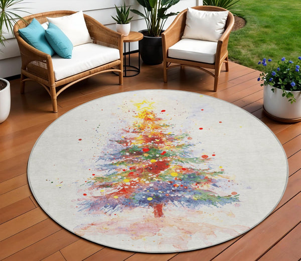 HomeRoots 8' Round Christmas Tree Rug – Festive Ivory, Green, Purple, Yellow Design for Indoor & Outdoor Use 621240
