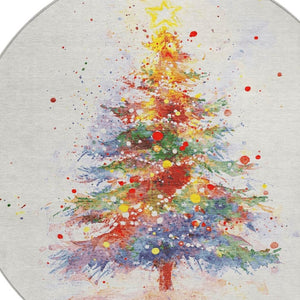 HomeRoots 8' Round Christmas Tree Rug – Festive Ivory, Green, Purple, Yellow Design for Indoor & Outdoor Use 621240