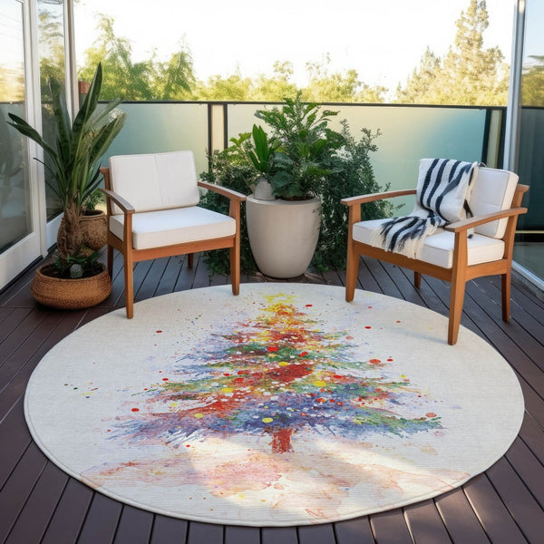 HomeRoots 8' Round Christmas Tree Rug – Festive Ivory, Green, Purple, Yellow Design for Indoor & Outdoor Use 621240
