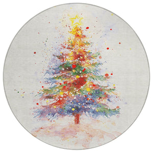 HomeRoots 8' Round Christmas Tree Rug – Festive Ivory, Green, Purple, Yellow Design for Indoor & Outdoor Use 621240