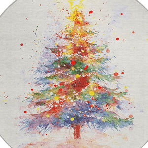 HomeRoots 8' Round Christmas Tree Rug – Festive Ivory, Green, Purple, Yellow Design for Indoor & Outdoor Use 621240
