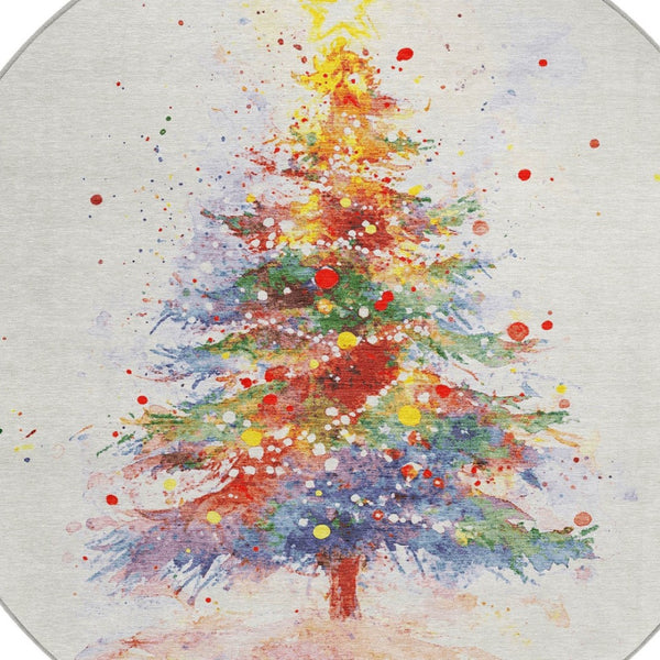 HomeRoots 8' Round Christmas Tree Rug – Festive Ivory, Green, Purple, Yellow Design for Indoor & Outdoor Use 621240