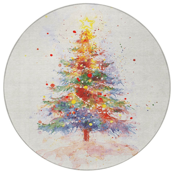 HomeRoots 8' Round Christmas Tree Rug – Festive Ivory, Green, Purple, Yellow Design for Indoor & Outdoor Use 621240