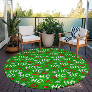 HomeRoots 8' Festive Green, White & Red Round "Ho Ho Ho" Washable Rug - Durable, Stylish for Indoor & Outdoor Use 621246