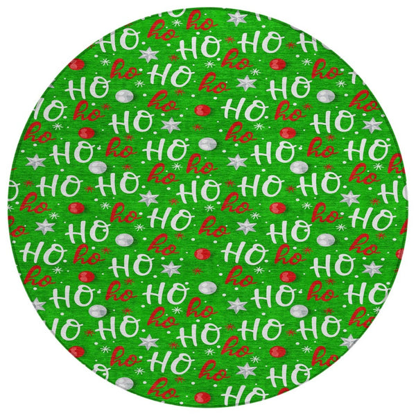 HomeRoots 8' Festive Green, White & Red Round "Ho Ho Ho" Washable Rug - Durable, Stylish for Indoor & Outdoor Use 621246