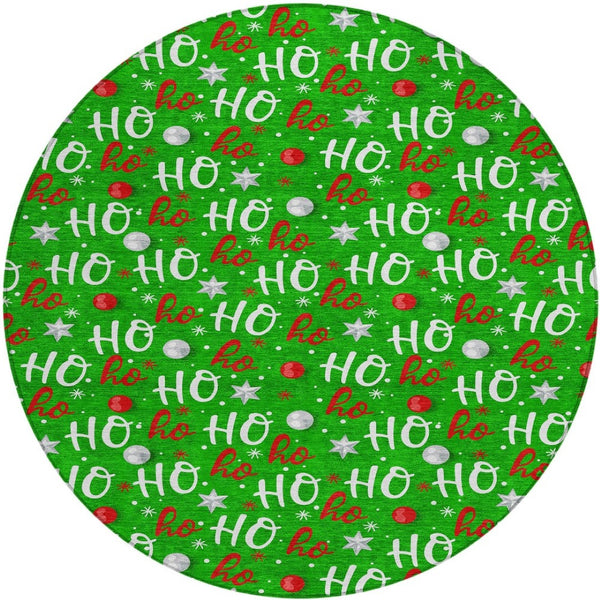 HomeRoots 8' Festive Green, White & Red Round "Ho Ho Ho" Washable Rug - Durable, Stylish for Indoor & Outdoor Use 621246