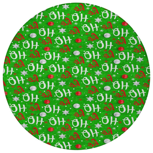 HomeRoots 8' Festive Green, White & Red Round "Ho Ho Ho" Washable Rug - Durable, Stylish for Indoor & Outdoor Use 621246