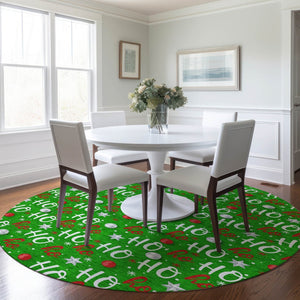HomeRoots 8' Festive Green, White & Red Round "Ho Ho Ho" Washable Rug - Durable, Stylish for Indoor & Outdoor Use 621246