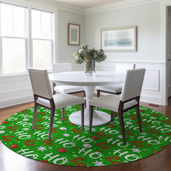 HomeRoots 8' Festive Green, White & Red Round "Ho Ho Ho" Washable Rug - Durable, Stylish for Indoor & Outdoor Use 621246
