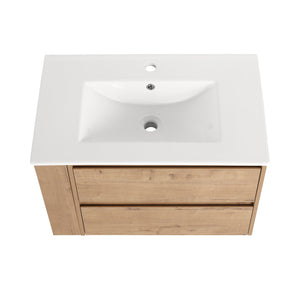 English Elm 30" Wall-Mount Bathroom Vanity With Ceramic Sink, Soft-Close Drawers & Configurable Side Shelf W999S00206