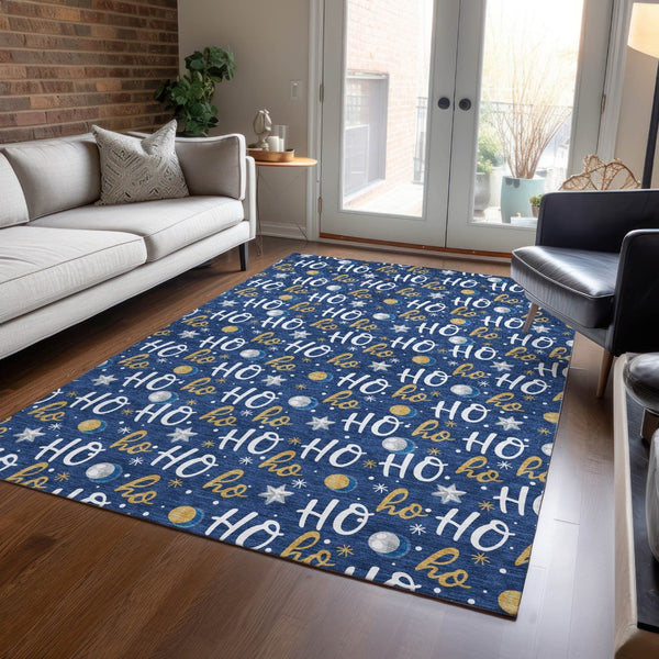 HomeRoots 5' X 8' Festive Navy Blue Gold "Ho Ho Ho" Washable Area Rug for Indoor & Outdoor Holiday Charm 621251