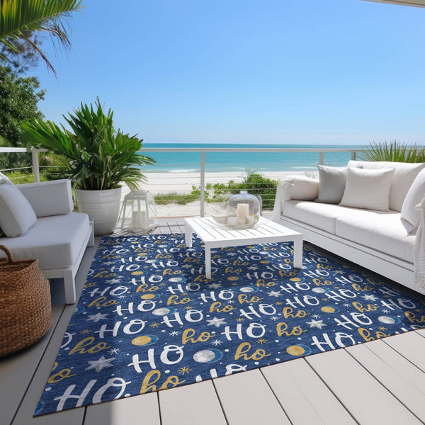 HomeRoots 5' X 8' Festive Navy Blue Gold "Ho Ho Ho" Washable Area Rug for Indoor & Outdoor Holiday Charm 621251