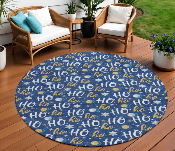HomeRoots 8' Festive Navy Blue, White & Gold "Ho Ho Ho" Washable Round Area Rug for Indoor & Outdoor Use 621252
