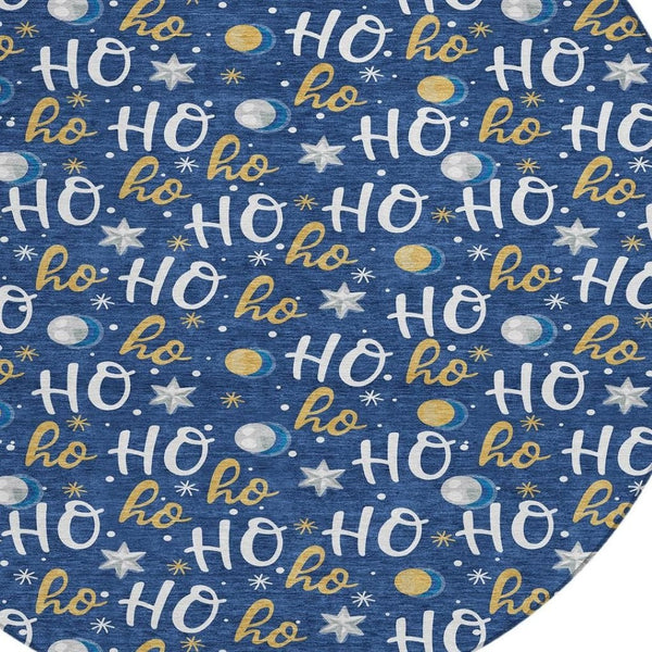 HomeRoots 8' Festive Navy Blue, White & Gold "Ho Ho Ho" Washable Round Area Rug for Indoor & Outdoor Use 621252