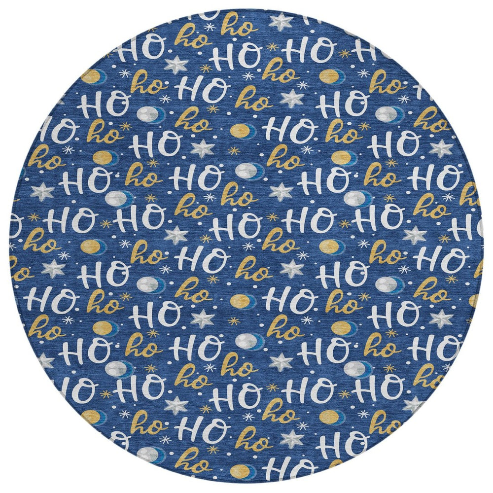 HomeRoots 8' Festive Navy Blue, White & Gold "Ho Ho Ho" Washable Round Area Rug for Indoor & Outdoor Use 621252