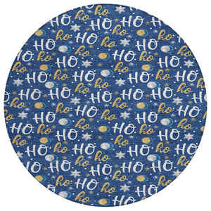 HomeRoots 8' Festive Navy Blue, White & Gold "Ho Ho Ho" Washable Round Area Rug for Indoor & Outdoor Use 621252