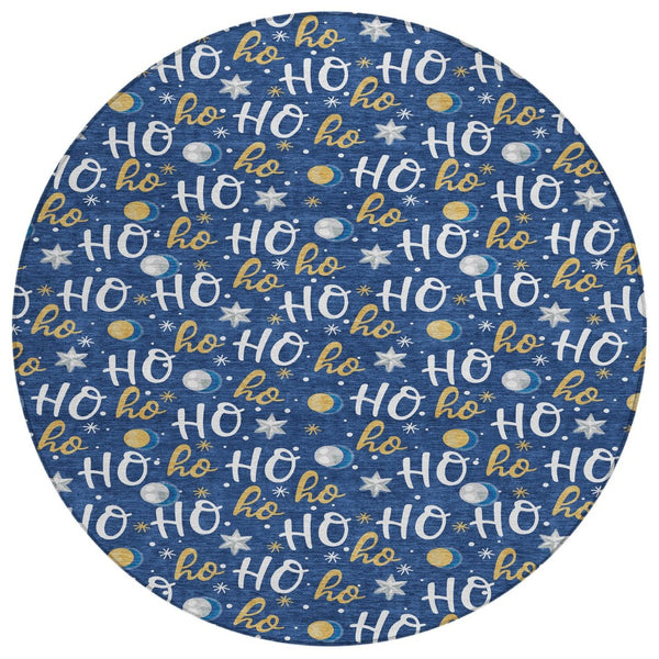 HomeRoots 8' Festive Navy Blue, White & Gold "Ho Ho Ho" Washable Round Area Rug for Indoor & Outdoor Use 621252