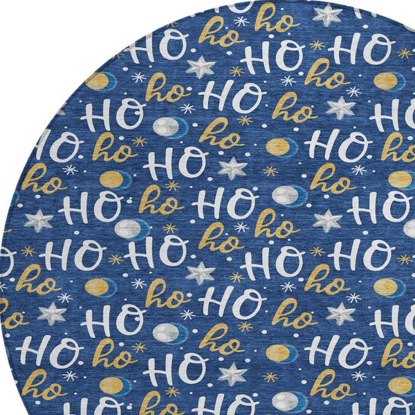 HomeRoots 8' Festive Navy Blue, White & Gold "Ho Ho Ho" Washable Round Area Rug for Indoor & Outdoor Use 621252