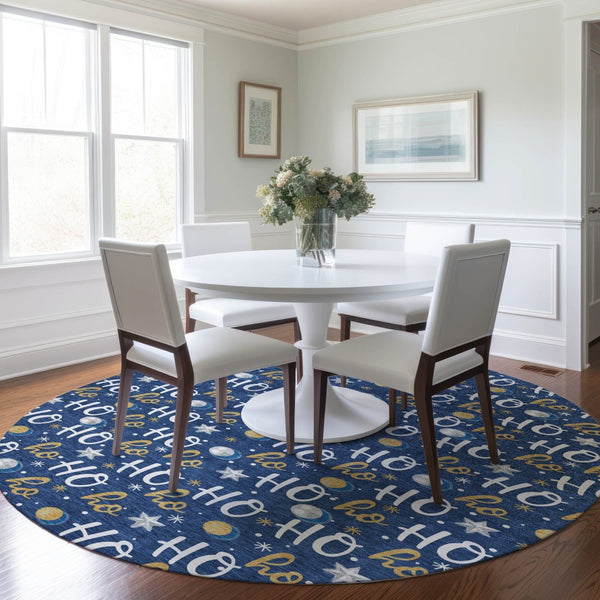 HomeRoots 8' Festive Navy Blue, White & Gold "Ho Ho Ho" Washable Round Area Rug for Indoor & Outdoor Use 621252