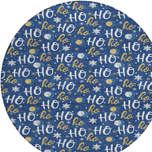 HomeRoots 8' Festive Navy Blue, White & Gold "Ho Ho Ho" Washable Round Area Rug for Indoor & Outdoor Use 621252