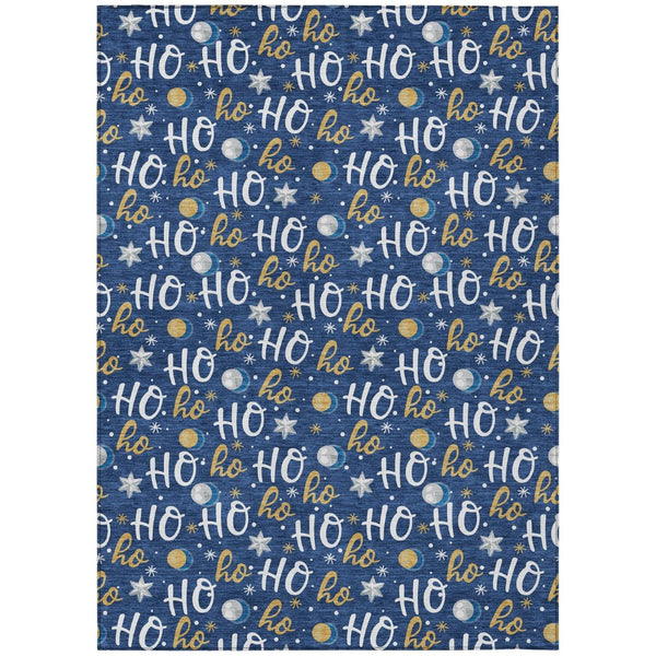 HomeRoots 8' X 10' Festive Navy Blue, White & Gold "Ho Ho Ho" Washable Area Rug for Indoor & Outdoor Use 621253