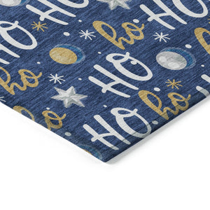 HomeRoots 8' X 10' Festive Navy Blue, White & Gold "Ho Ho Ho" Washable Area Rug for Indoor & Outdoor Use 621253