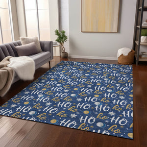 HomeRoots 8' X 10' Festive Navy Blue, White & Gold "Ho Ho Ho" Washable Area Rug for Indoor & Outdoor Use 621253