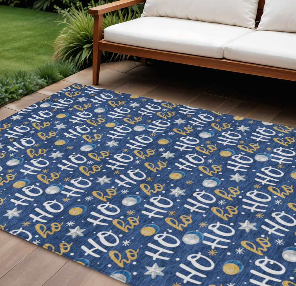 HomeRoots 10' Navy Blue Gold "Ho Ho Ho" Washable Area Rug – Stylish Indoor/Outdoor Décor for Festive Spaces! 621255
