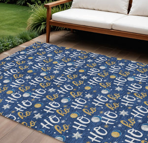 HomeRoots 10' Navy Blue Gold "Ho Ho Ho" Washable Area Rug – Stylish Indoor/Outdoor Décor for Festive Spaces! 621255