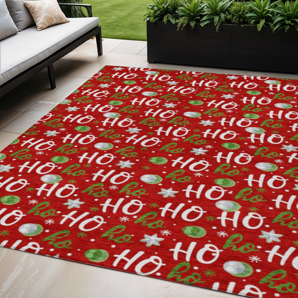 HomeRoots 5' X 8' Ho Ho Ho Washable Area Rug - Festive Red Green Design for Indoor & Outdoor High-Traffic Use 621257