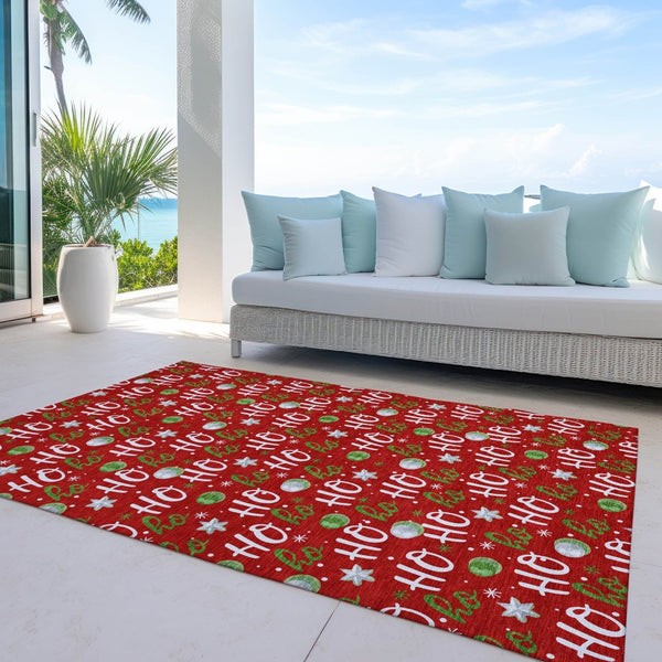 HomeRoots 5' X 8' Ho Ho Ho Washable Area Rug - Festive Red Green Design for Indoor & Outdoor High-Traffic Use 621257