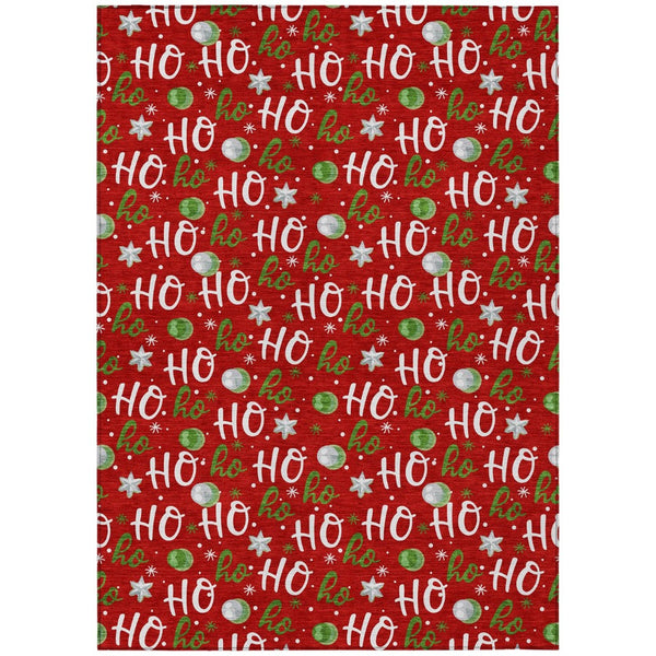 HomeRoots 5' X 8' Ho Ho Ho Washable Area Rug - Festive Red Green Design for Indoor & Outdoor High-Traffic Use 621257