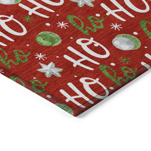 HomeRoots 5' X 8' Ho Ho Ho Washable Area Rug - Festive Red Green Design for Indoor & Outdoor High-Traffic Use 621257