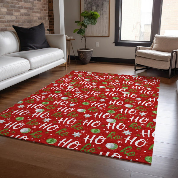 HomeRoots 5' X 8' Ho Ho Ho Washable Area Rug - Festive Red Green Design for Indoor & Outdoor High-Traffic Use 621257